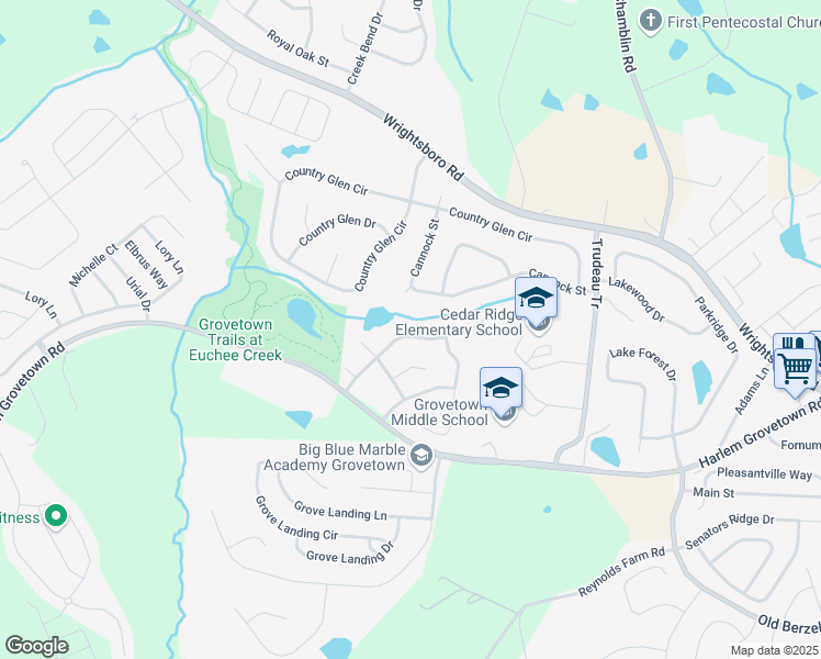 map of restaurants, bars, coffee shops, grocery stores, and more near 3015 Ashland Way in Grovetown