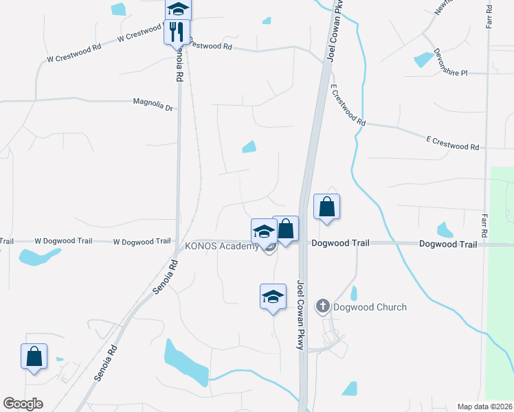 map of restaurants, bars, coffee shops, grocery stores, and more near 107 Kellsworth Way in Tyrone