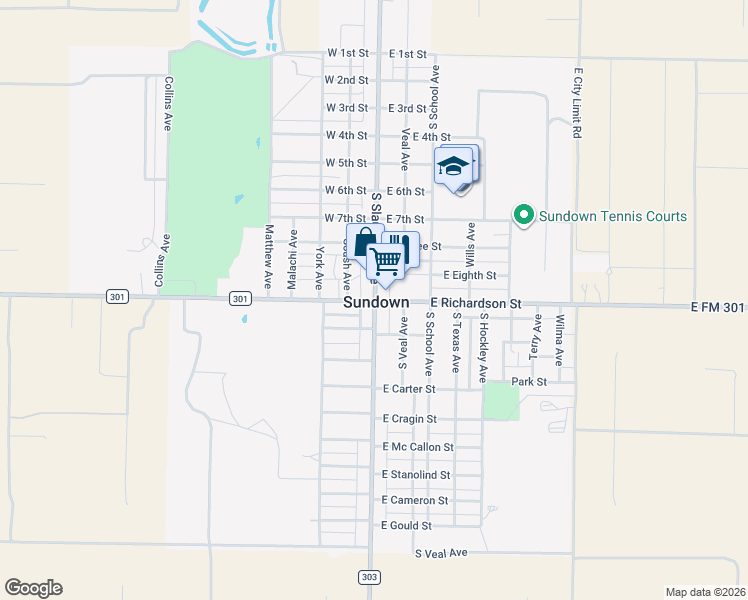 map of restaurants, bars, coffee shops, grocery stores, and more near in Sundown
