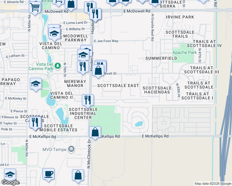 map of restaurants, bars, coffee shops, grocery stores, and more near 8151 East Garfield Street in Scottsdale
