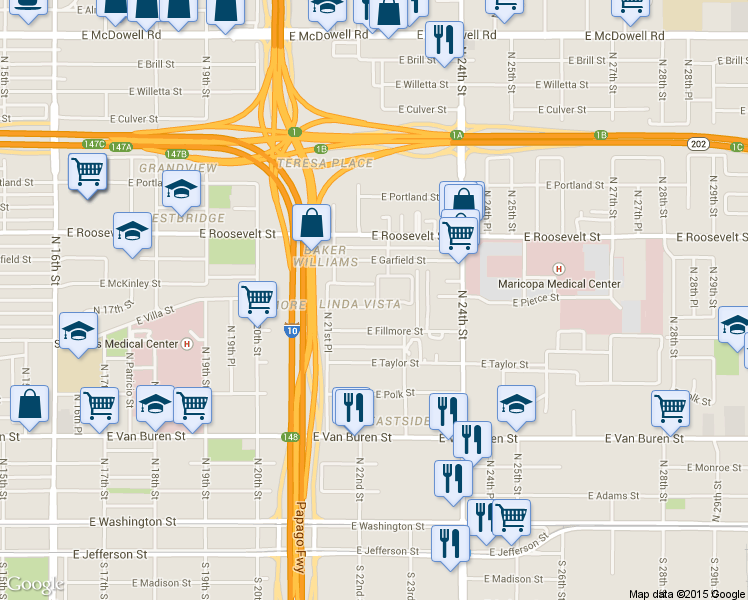 map of restaurants, bars, coffee shops, grocery stores, and more near 2224 East Fillmore Street in Phoenix