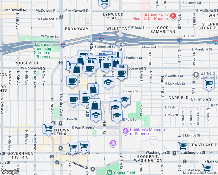 map of restaurants, bars, coffee shops, grocery stores, and more near 512 East Pierce Street in Phoenix