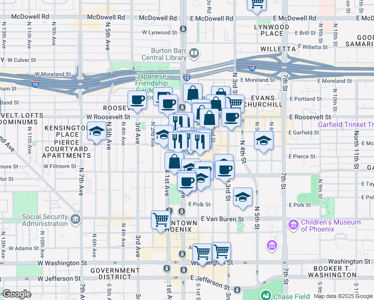 map of restaurants, bars, coffee shops, grocery stores, and more near 16 East Pierce Street in Phoenix