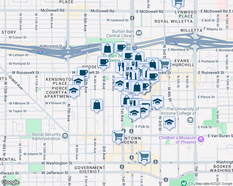 map of restaurants, bars, coffee shops, grocery stores, and more near in Phoenix