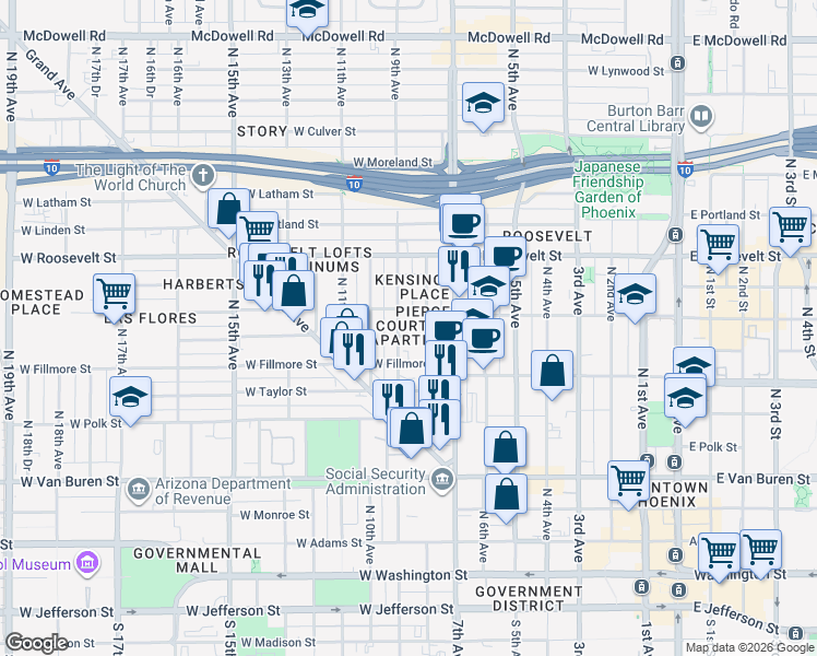 map of restaurants, bars, coffee shops, grocery stores, and more near 743 West Pierce Street in Phoenix