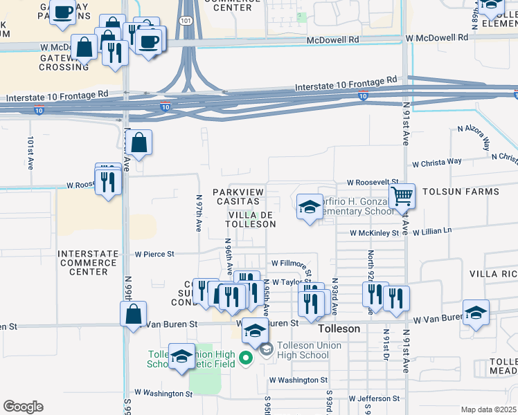 map of restaurants, bars, coffee shops, grocery stores, and more near 900 North 95th Avenue in Tolleson