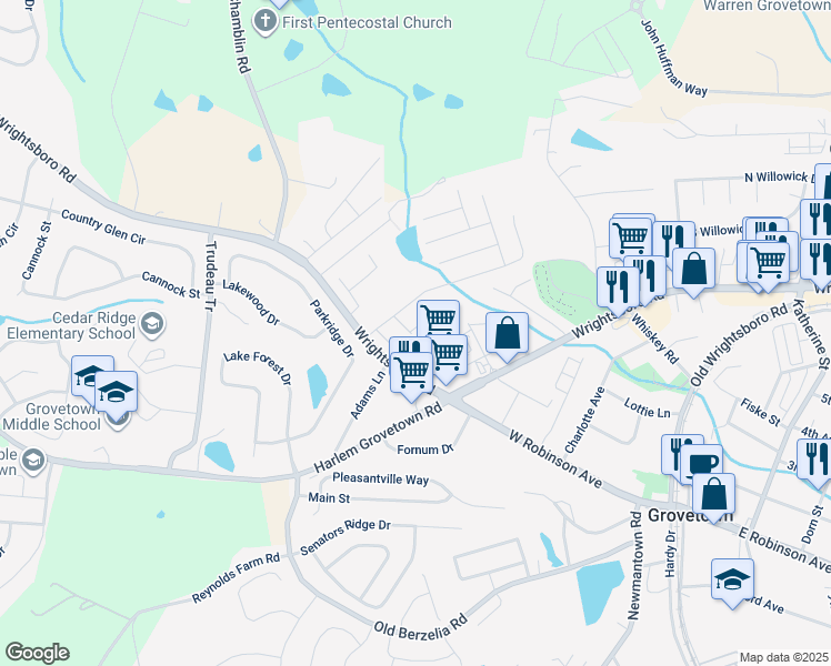 map of restaurants, bars, coffee shops, grocery stores, and more near 100 Kaschwitna Court in Grovetown