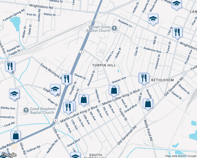 map of restaurants, bars, coffee shops, grocery stores, and more near 1364 Dewitt Street in Augusta