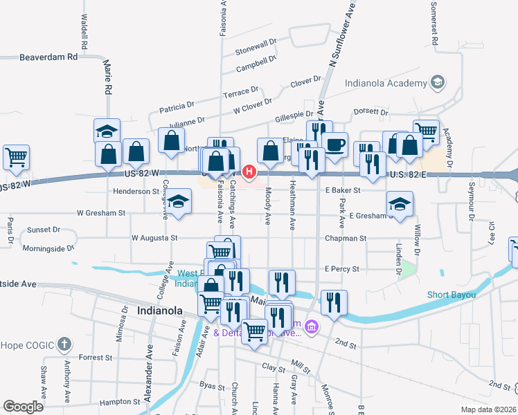 map of restaurants, bars, coffee shops, grocery stores, and more near 101 East Gresham Street in Indianola
