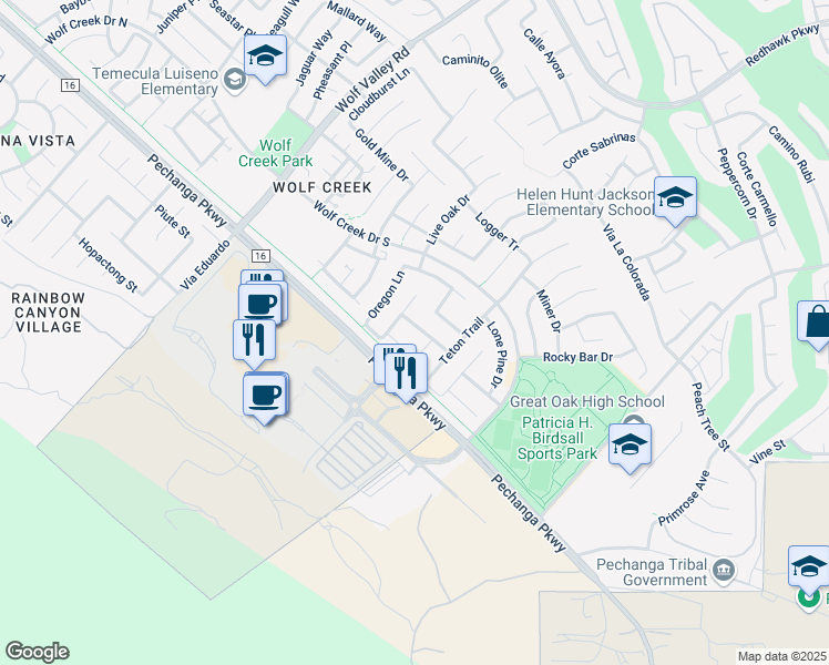 map of restaurants, bars, coffee shops, grocery stores, and more near 46235 Yellowstone Lane in Temecula
