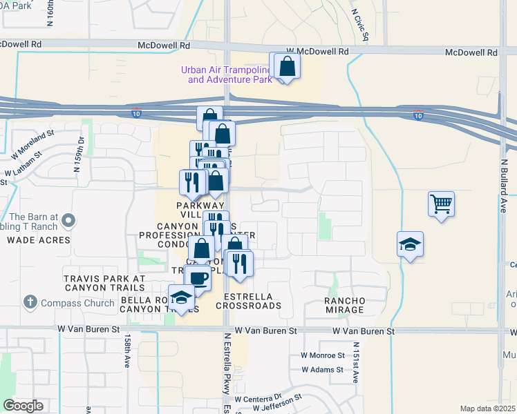 map of restaurants, bars, coffee shops, grocery stores, and more near 15447 West Baden Street in Goodyear