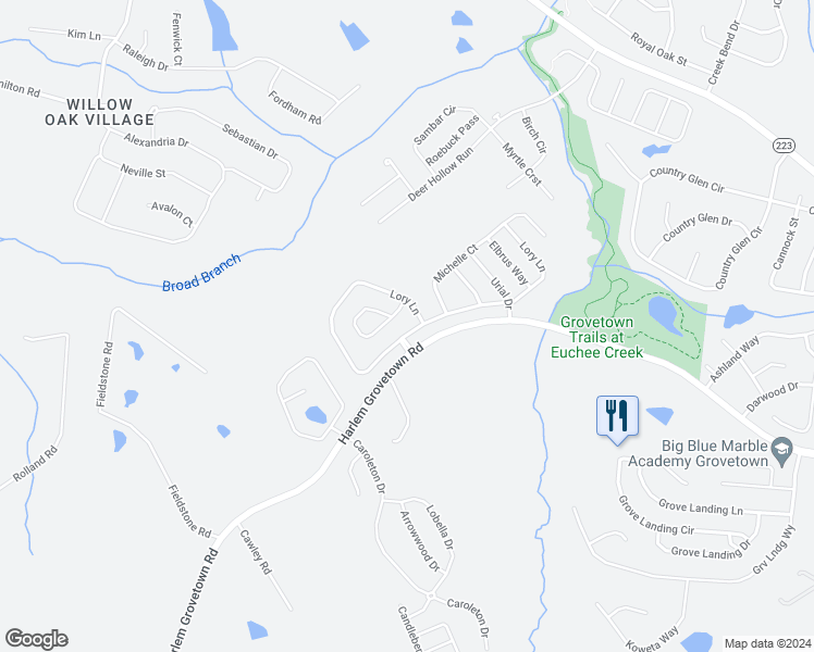 map of restaurants, bars, coffee shops, grocery stores, and more near 559 Lory Lane in Grovetown