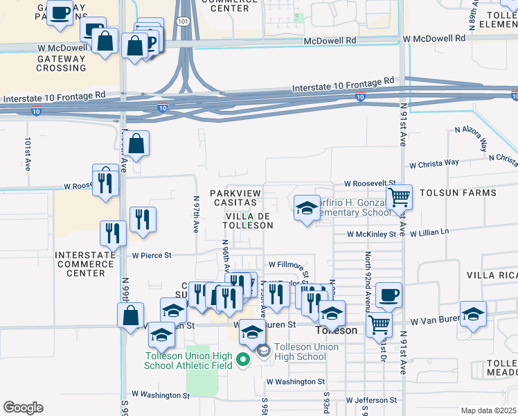 map of restaurants, bars, coffee shops, grocery stores, and more near 900 North 95th Avenue in Tolleson