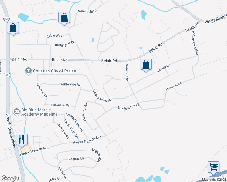 map of restaurants, bars, coffee shops, grocery stores, and more near 3304 Camak Drive in Augusta