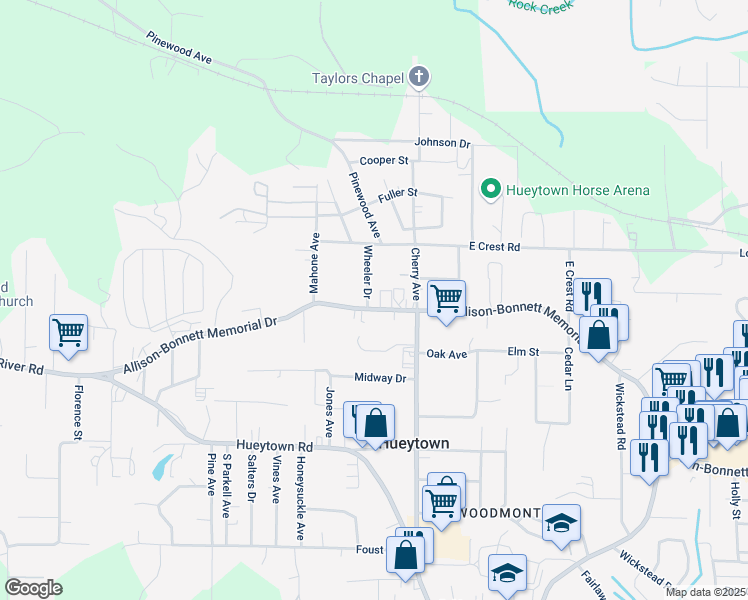 map of restaurants, bars, coffee shops, grocery stores, and more near 112 Wheeler Drive in Hueytown
