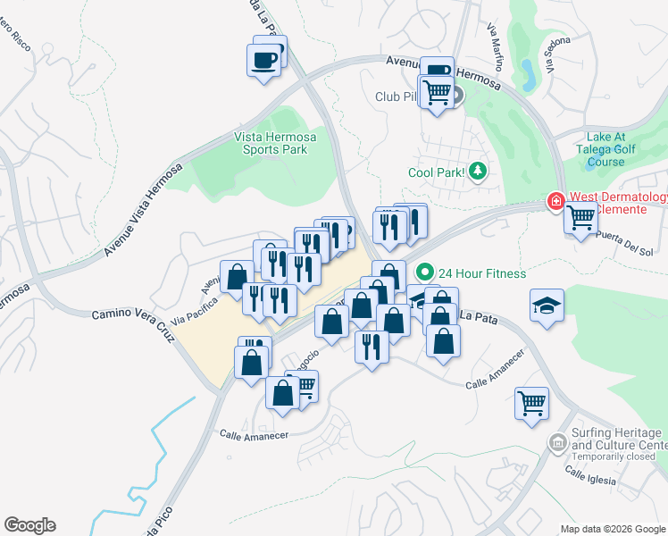 map of restaurants, bars, coffee shops, grocery stores, and more near 989 Avenida Pico in San Clemente
