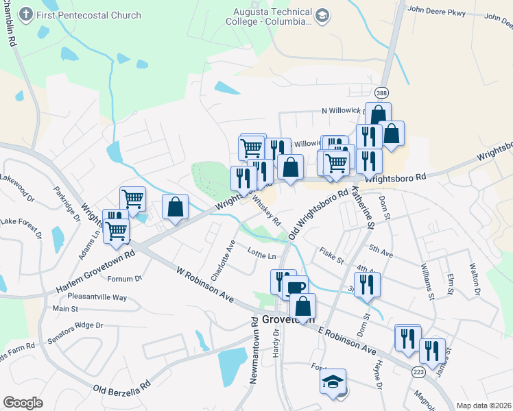 map of restaurants, bars, coffee shops, grocery stores, and more near 129 Charlotte Avenue in Grovetown