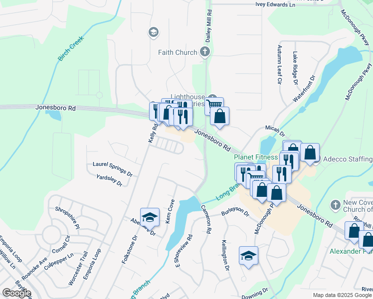 map of restaurants, bars, coffee shops, grocery stores, and more near 755 Magnolia Gardens Walk in McDonough
