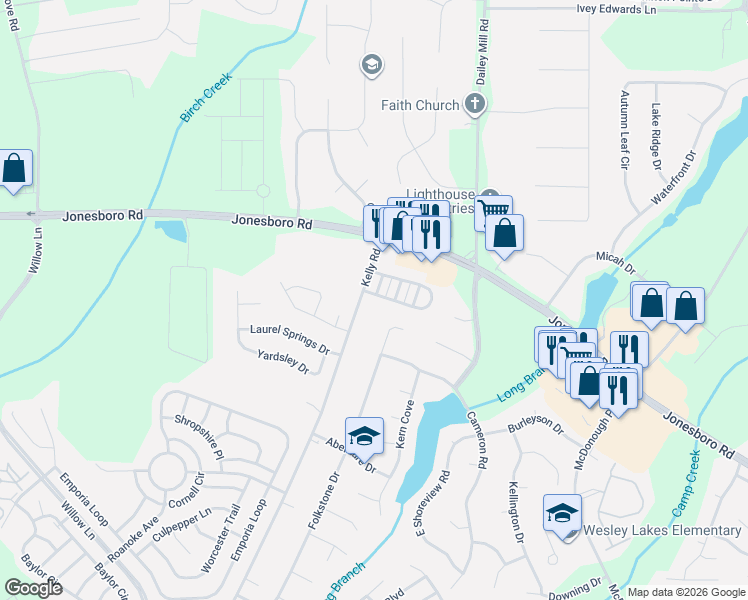 map of restaurants, bars, coffee shops, grocery stores, and more near 99 Kelly Road in McDonough