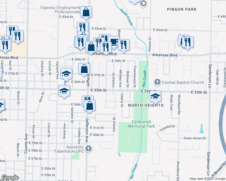 map of restaurants, bars, coffee shops, grocery stores, and more near 1698 East 35th Street in Texarkana