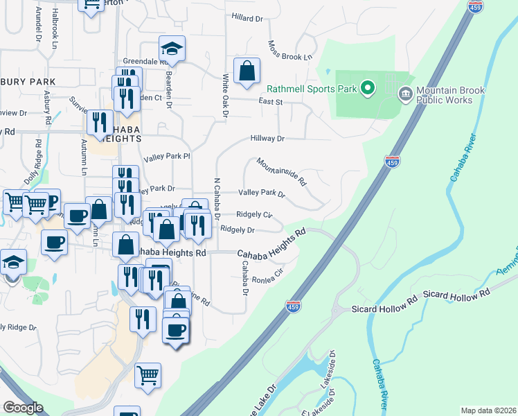 map of restaurants, bars, coffee shops, grocery stores, and more near 3328 Ridgely Circle in Vestavia Hills