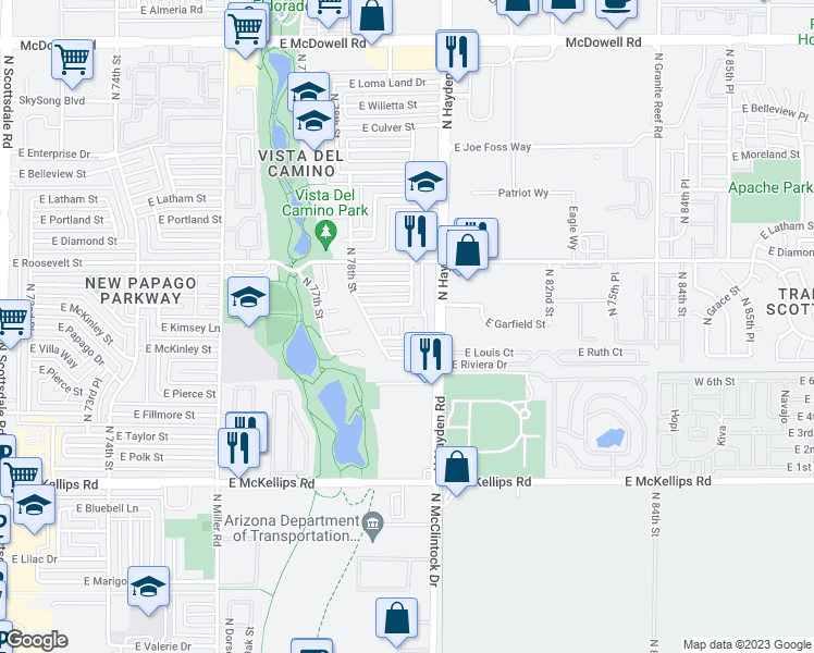 map of restaurants, bars, coffee shops, grocery stores, and more near 7906 East Kimsey Lane in Scottsdale