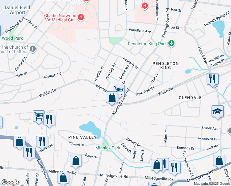 map of restaurants, bars, coffee shops, grocery stores, and more near 2201 Walden Drive in Augusta