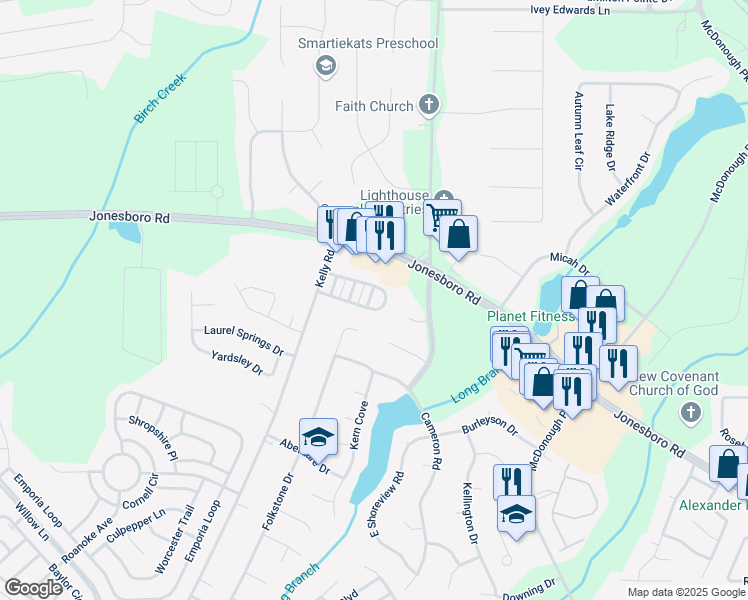 map of restaurants, bars, coffee shops, grocery stores, and more near 1740 Formosa Lane in McDonough