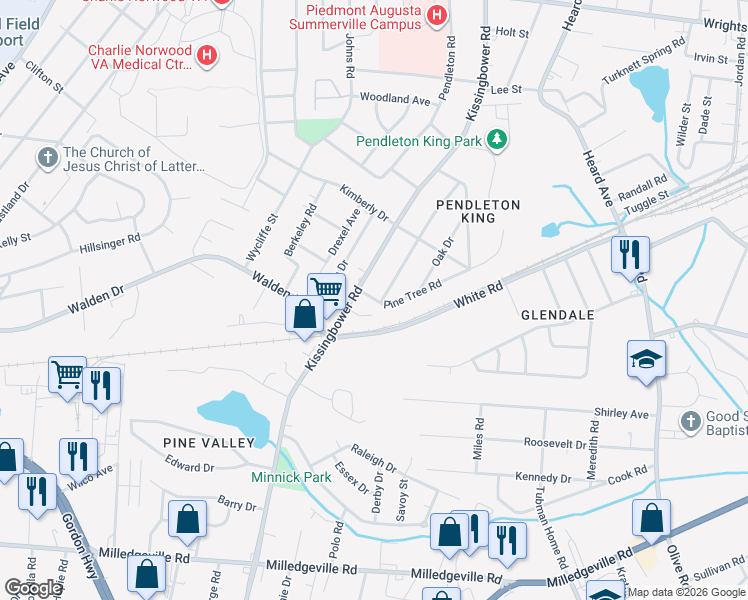 map of restaurants, bars, coffee shops, grocery stores, and more near 1762 Kissingbower Road in Augusta