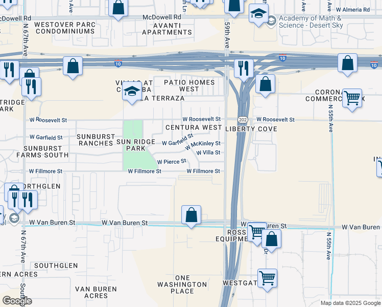 map of restaurants, bars, coffee shops, grocery stores, and more near 627 North 61st Drive in Phoenix