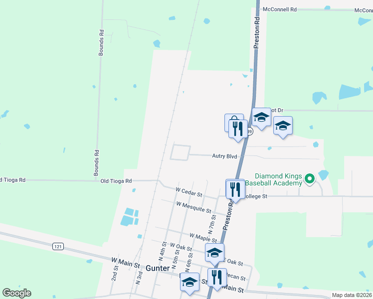 map of restaurants, bars, coffee shops, grocery stores, and more near 501 Wood Drive in Gunter