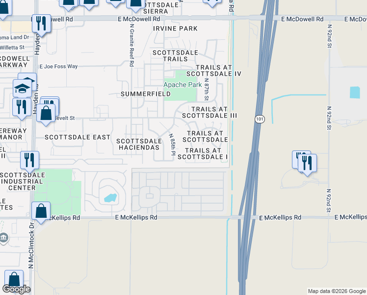 map of restaurants, bars, coffee shops, grocery stores, and more near 833 North 86th Place in Scottsdale