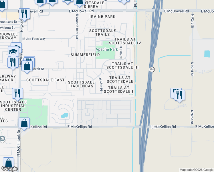 map of restaurants, bars, coffee shops, grocery stores, and more near 833 North 86th Place in Scottsdale