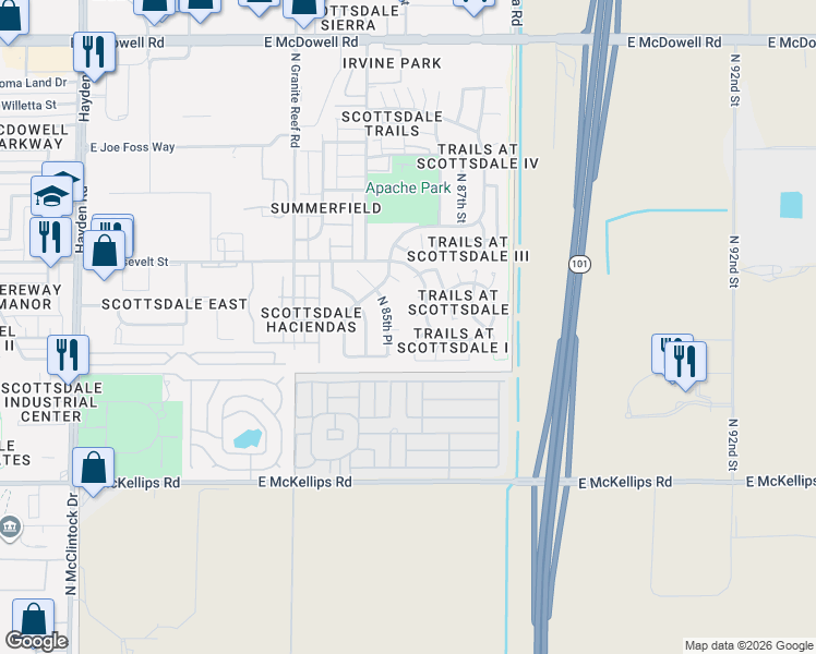 map of restaurants, bars, coffee shops, grocery stores, and more near 833 North 86th Place in Scottsdale