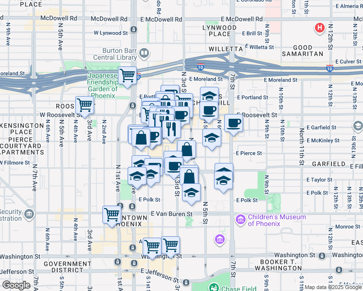 map of restaurants, bars, coffee shops, grocery stores, and more near 713 North 3rd Street in Phoenix
