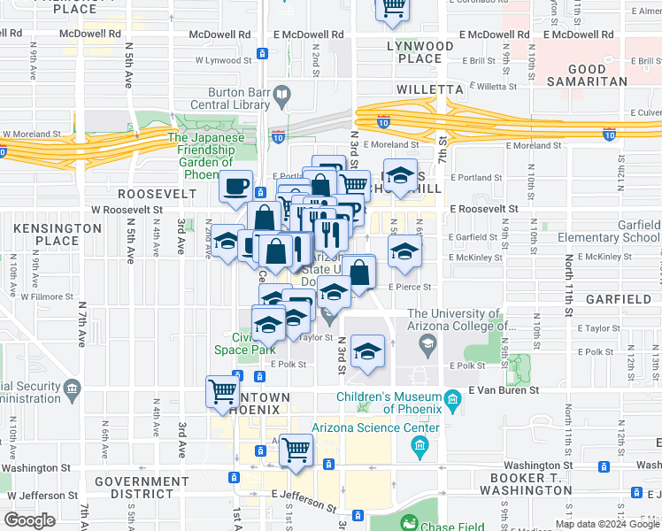 map of restaurants, bars, coffee shops, grocery stores, and more near 714 North 3rd Street in Phoenix