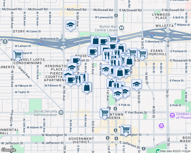 map of restaurants, bars, coffee shops, grocery stores, and more near 618 North 2nd Avenue in Phoenix