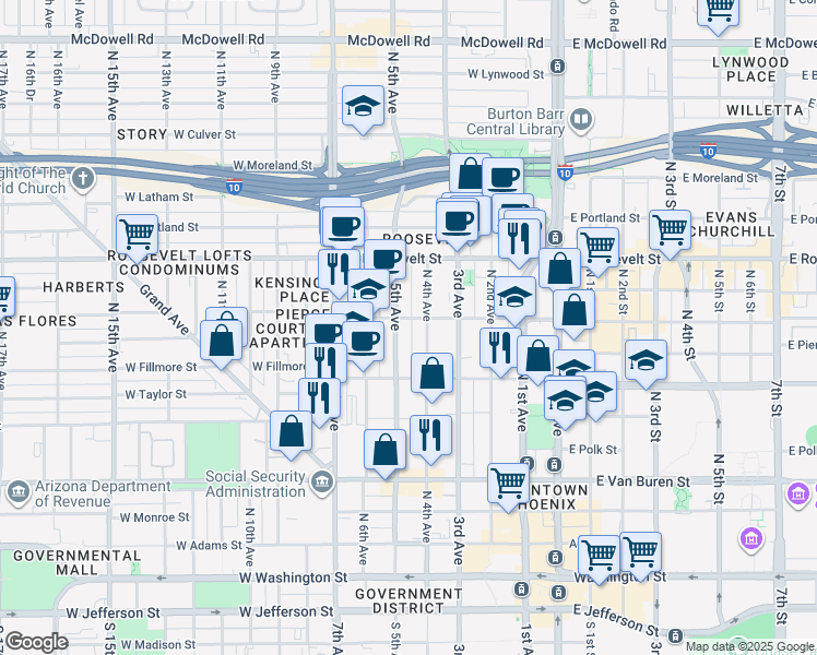 map of restaurants, bars, coffee shops, grocery stores, and more near 631 North 5th Avenue in Phoenix