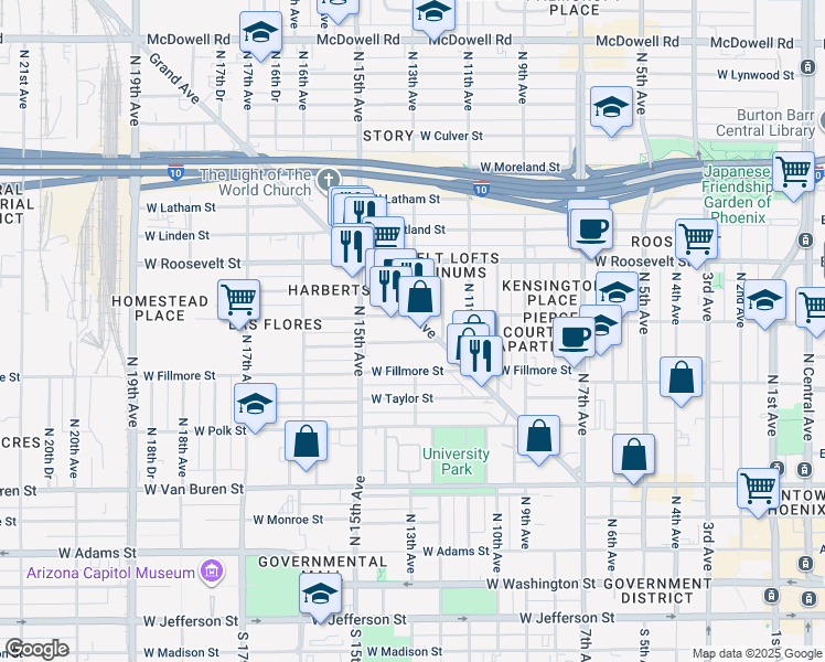 map of restaurants, bars, coffee shops, grocery stores, and more near 1213w West Pierce Street in Phoenix