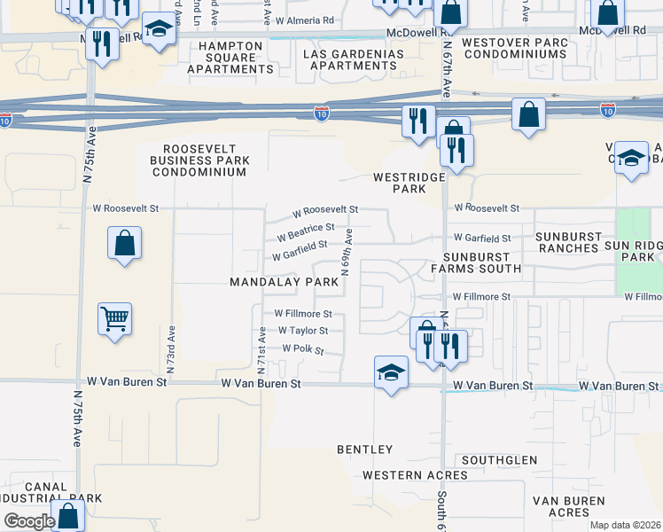 map of restaurants, bars, coffee shops, grocery stores, and more near 6920 West Villa Street in Phoenix