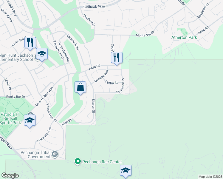 map of restaurants, bars, coffee shops, grocery stores, and more near 46215 Linda Court in Temecula