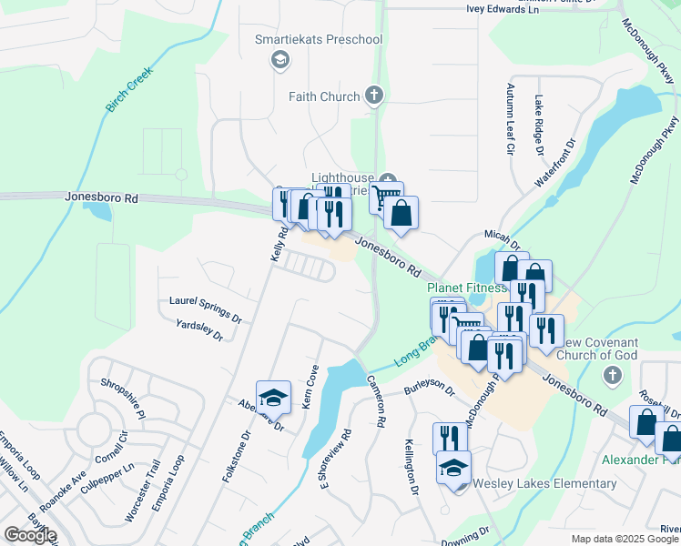 map of restaurants, bars, coffee shops, grocery stores, and more near 755 Magnolia Gardens Walk in McDonough