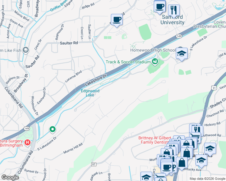map of restaurants, bars, coffee shops, grocery stores, and more near 400 University Park Drive in Homewood