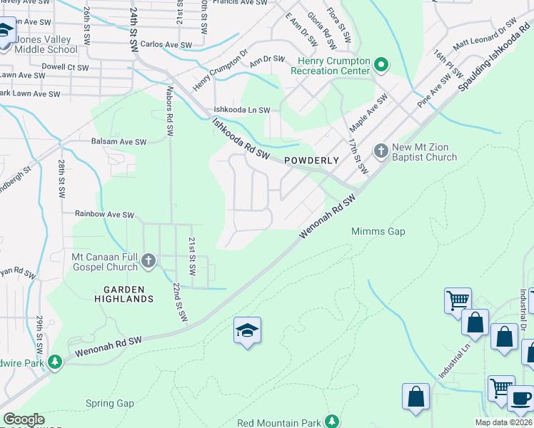 map of restaurants, bars, coffee shops, grocery stores, and more near 2600 Tempest Drive Southwest in Birmingham