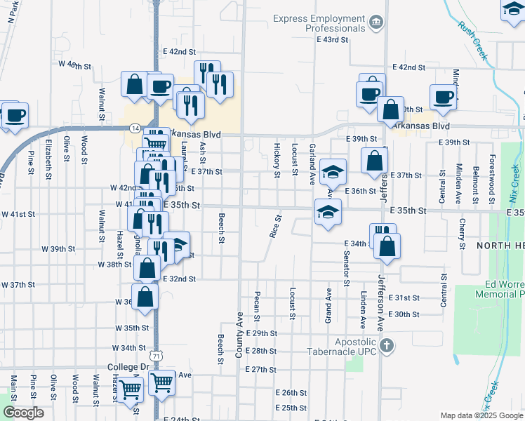 map of restaurants, bars, coffee shops, grocery stores, and more near 3414 Parish Circle in Texarkana