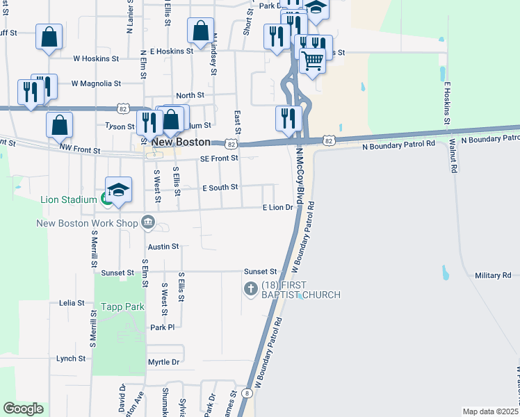 map of restaurants, bars, coffee shops, grocery stores, and more near 916 East Lion Drive in New Boston
