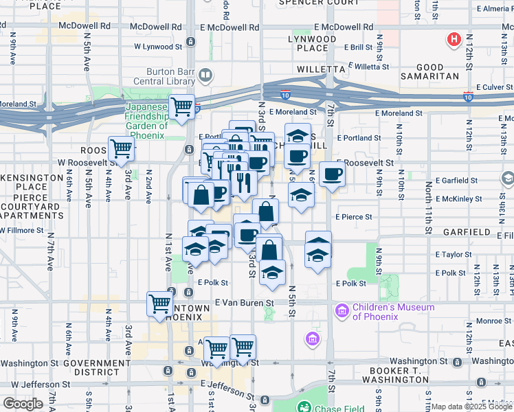 map of restaurants, bars, coffee shops, grocery stores, and more near 721 North 3rd Street in Phoenix