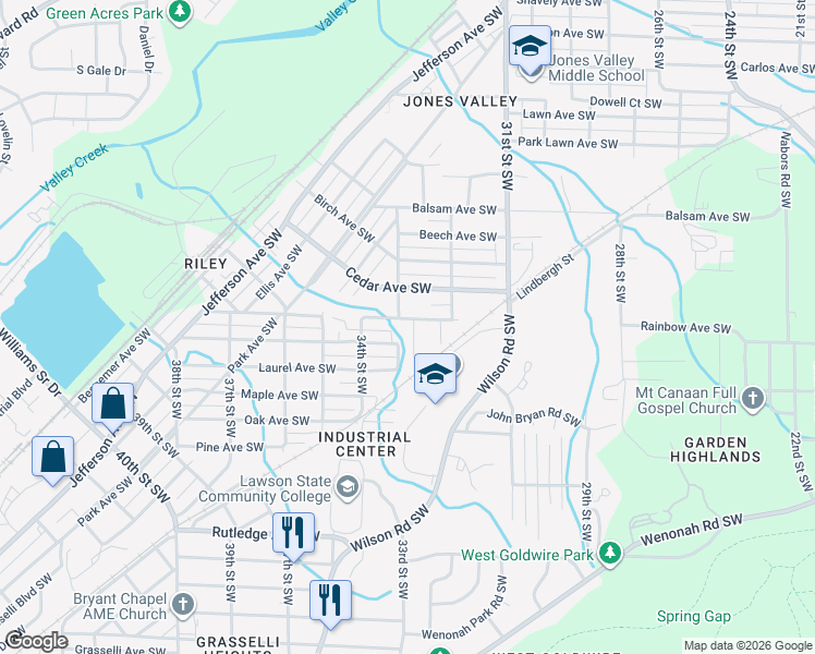 map of restaurants, bars, coffee shops, grocery stores, and more near 3304 Hickory Avenue Southwest in Birmingham