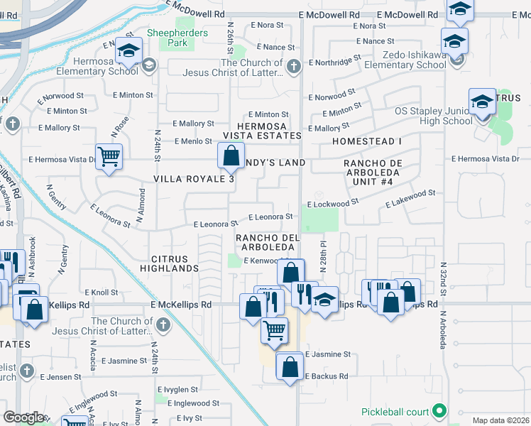 map of restaurants, bars, coffee shops, grocery stores, and more near 2715 East Leonora Street in Mesa