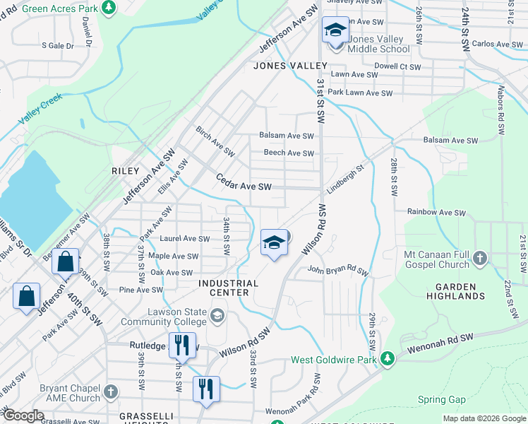 map of restaurants, bars, coffee shops, grocery stores, and more near 2816 32nd Place Southwest in Birmingham